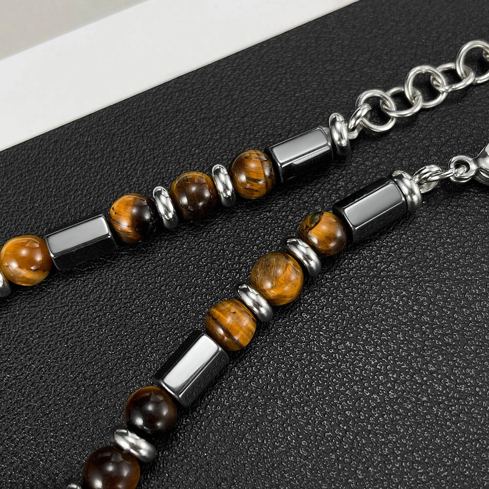 Wholesale Maillard Geometric Tiger Eye Stone Stainless Steel Beaded Chain Men's Bracelet