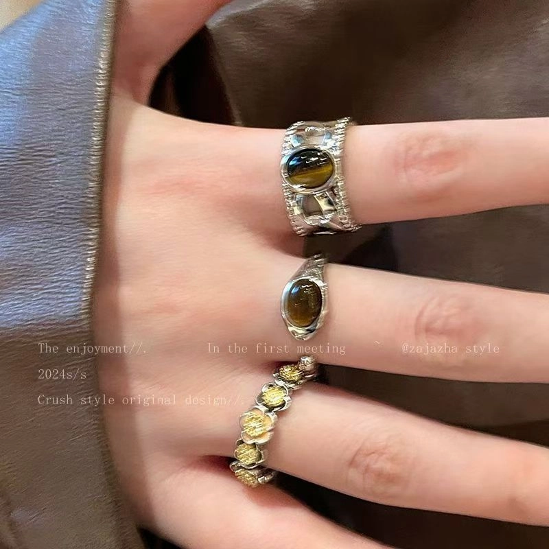 Wholesale Maillard Tiger Eye Stone Open Adjustable Ring Vintage Heavy Oval Ring