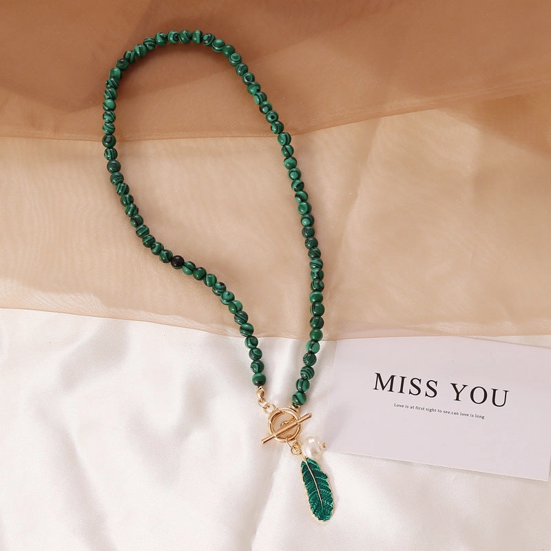 Wholesale Malachite Leaf Pearl Oil Drop Vintage Necklace