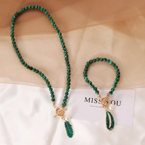 Wholesale Malachite Leaf Pearl Oil Drop Vintage Necklace