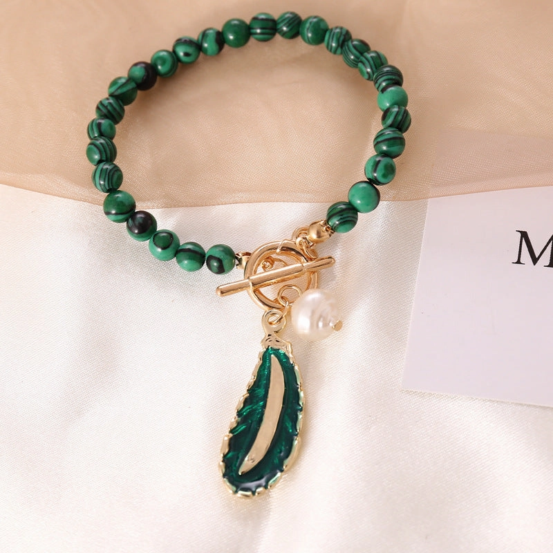 Wholesale Malachite Leaf Pearl Oil Drop Vintage Necklace