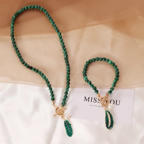 Wholesale Malachite Leaf Pearl Oil Drop Vintage Necklace