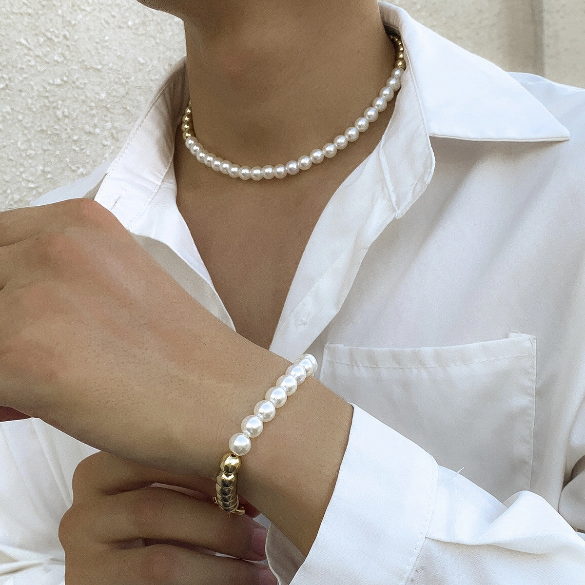 Wholesale Men's Collarbone Pearl Necklace Bracelet Set