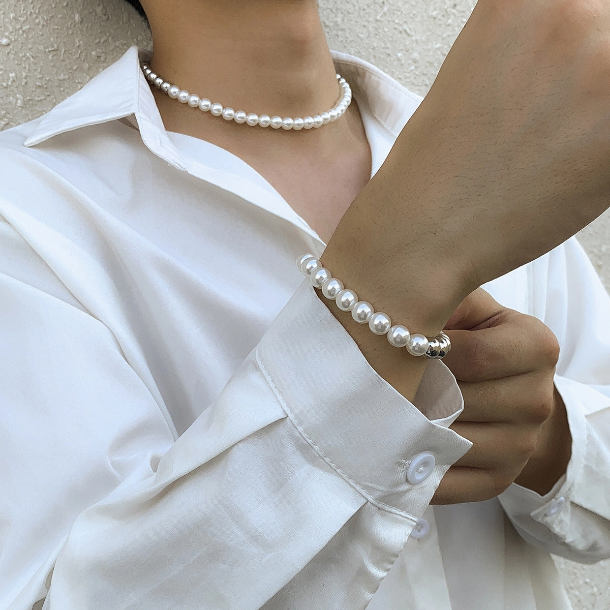 Wholesale Men's Collarbone Pearl Necklace Bracelet Set