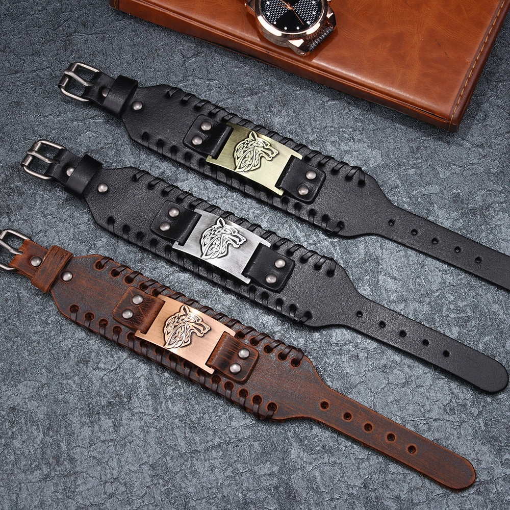 Wholesale Men's Wolf Head Wide Leather Bracelet
