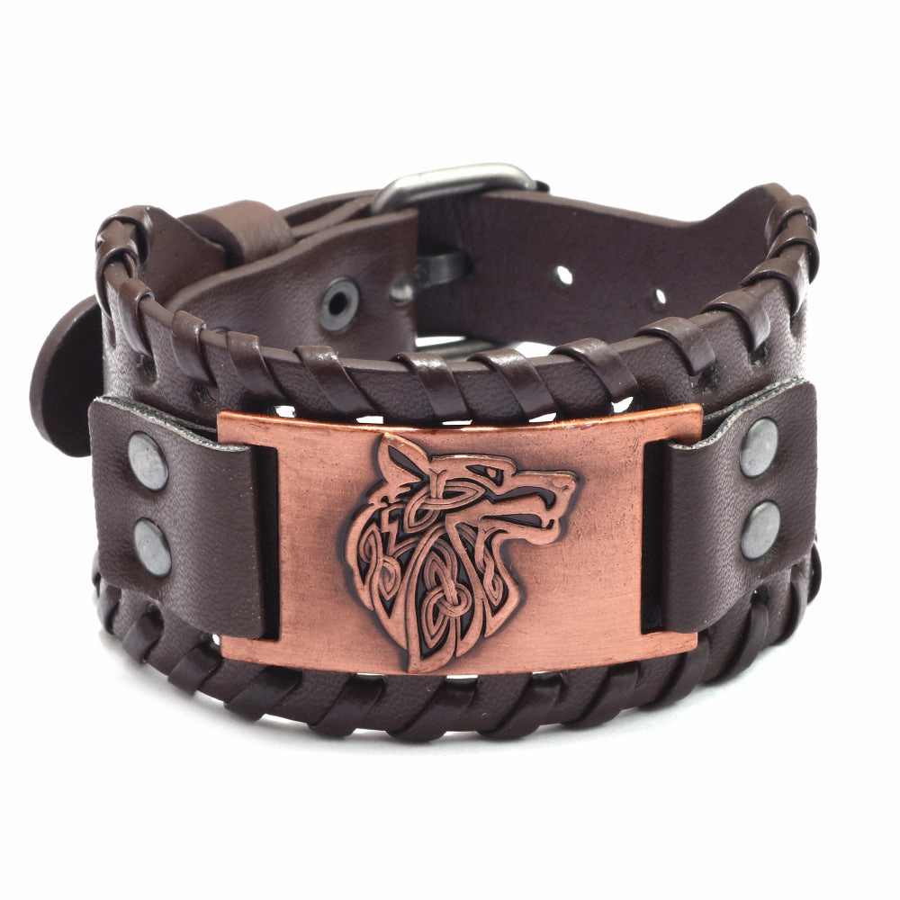 Wholesale Men's Wolf Head Wide Leather Bracelet