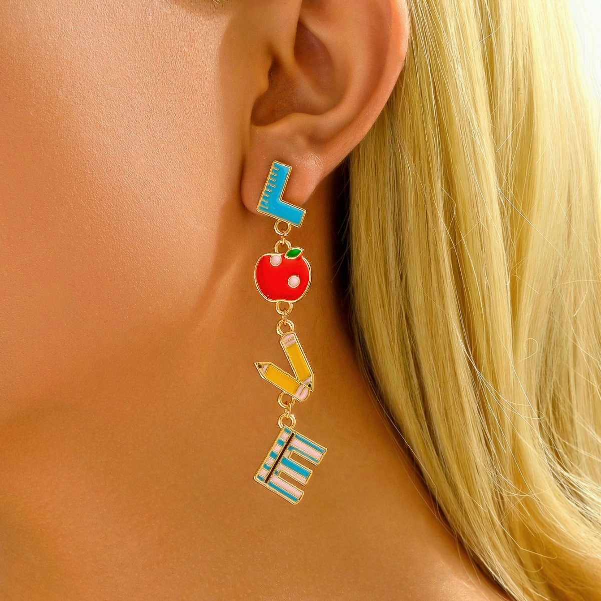 Wholesale Metal Dripping Oil Campus Style LOVE Teachers Day Earrings