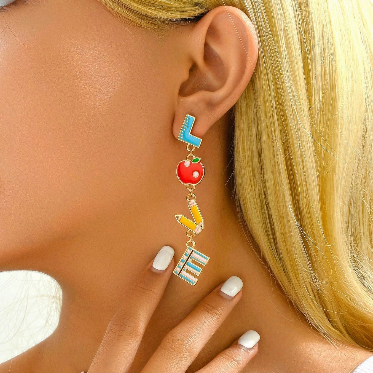 Wholesale Metal Dripping Oil Campus Style LOVE Teachers Day Earrings