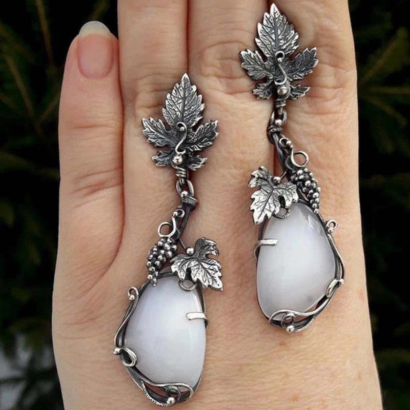 Wholesale Metal Grapevine Leaf Inlaid Drop Shaped Opal Alloy Earrings