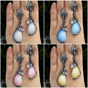 Wholesale Metal Grapevine Leaf Inlaid Drop Shaped Opal Alloy Earrings
