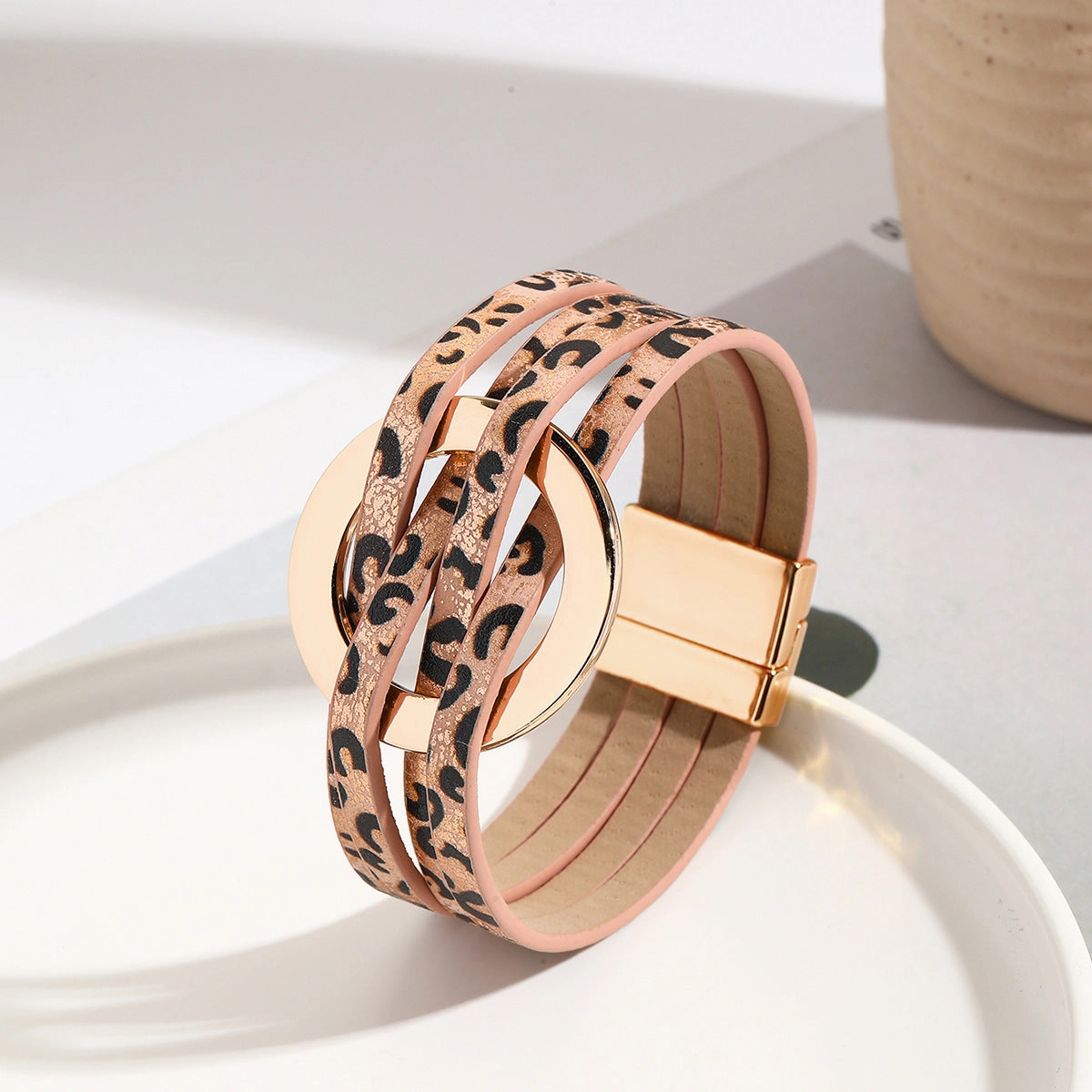 Wholesale Metal Leather Cross Women's Large Hoop Cuff Multi-layer Wristband Magnetic Clasp Bracelet