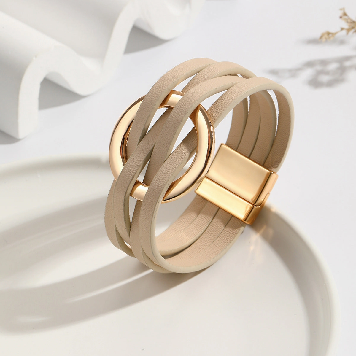 Wholesale Metal Leather Cross Women's Large Hoop Cuff Multi-layer Wristband Magnetic Clasp Bracelet