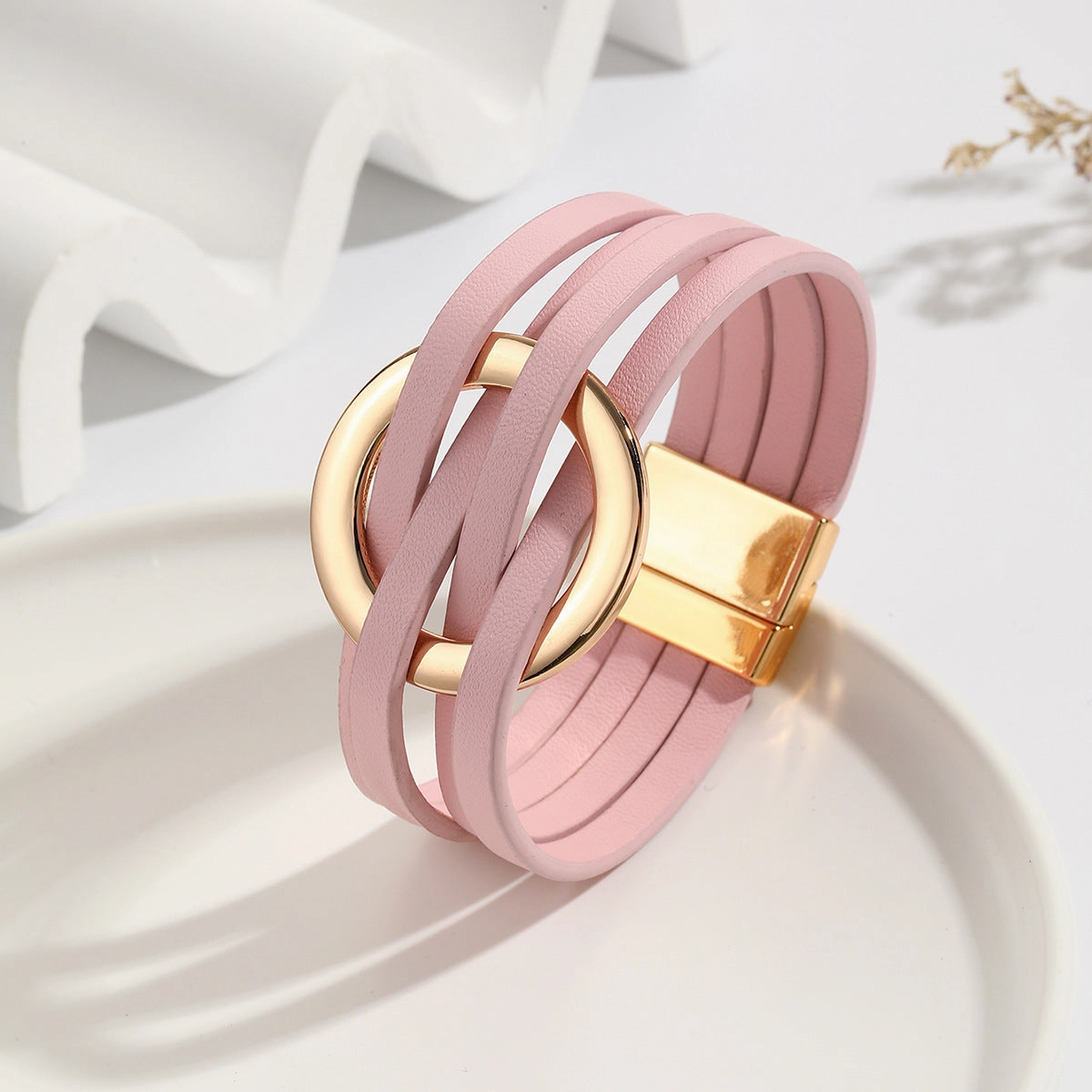 Wholesale Metal Leather Cross Women's Large Hoop Cuff Multi-layer Wristband Magnetic Clasp Bracelet