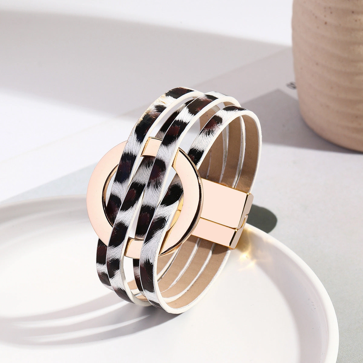 Wholesale Metal Leather Cross Women's Large Hoop Cuff Multi-layer Wristband Magnetic Clasp Bracelet