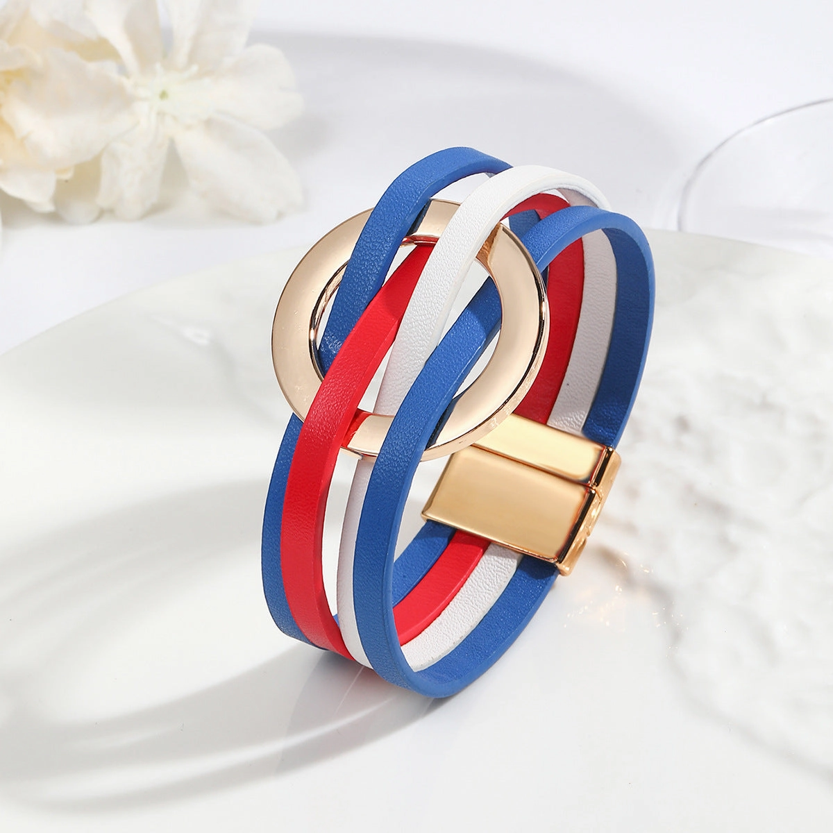 Wholesale Metal Leather Cross Women's Large Hoop Cuff Multi-layer Wristband Magnetic Clasp Bracelet