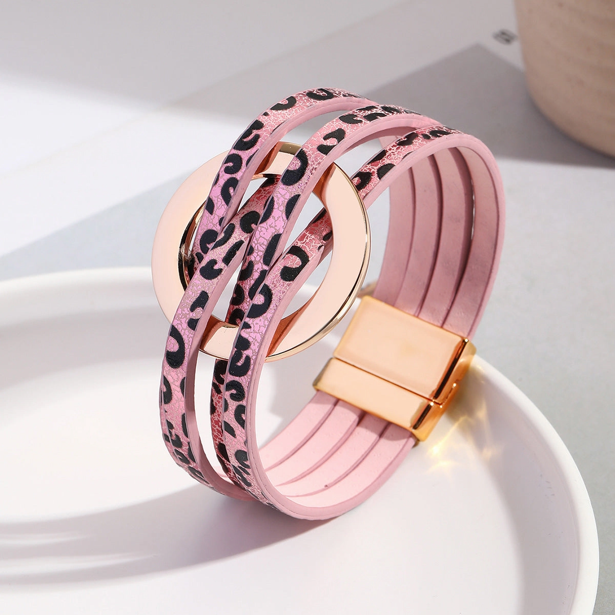 Wholesale Metal Leather Cross Women's Large Hoop Cuff Multi-layer Wristband Magnetic Clasp Bracelet