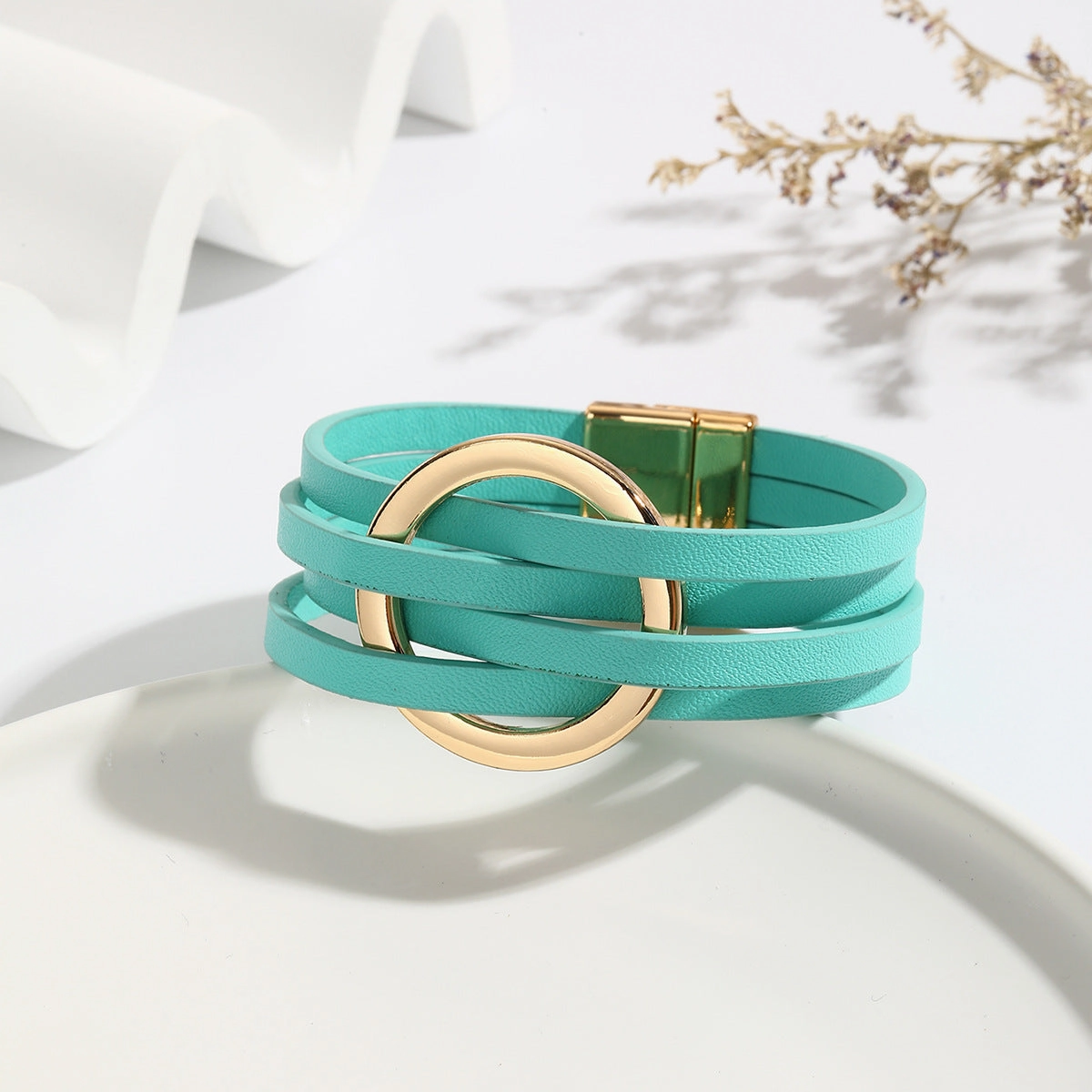 Wholesale Metal Leather Cross Women's Large Hoop Cuff Multi-layer Wristband Magnetic Clasp Bracelet