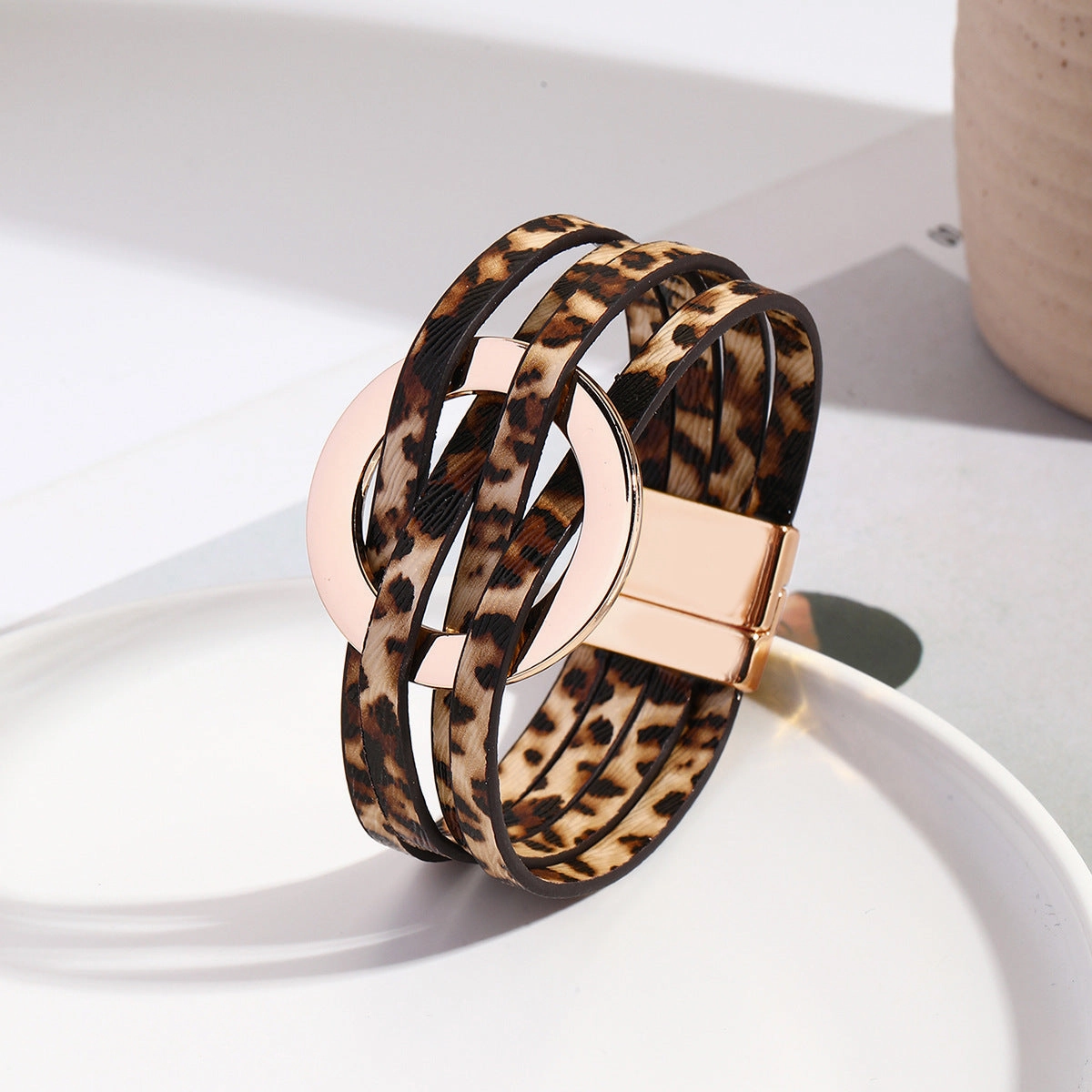 Wholesale Metal Leather Cross Women's Large Hoop Cuff Multi-layer Wristband Magnetic Clasp Bracelet