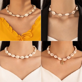 Wholesale Metal Shell Beaded Pendant Single Layer Necklace