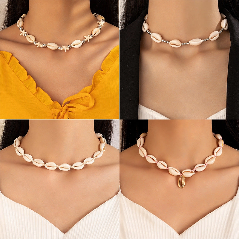 Wholesale Metal Shell Beaded Pendant Single Layer Necklace