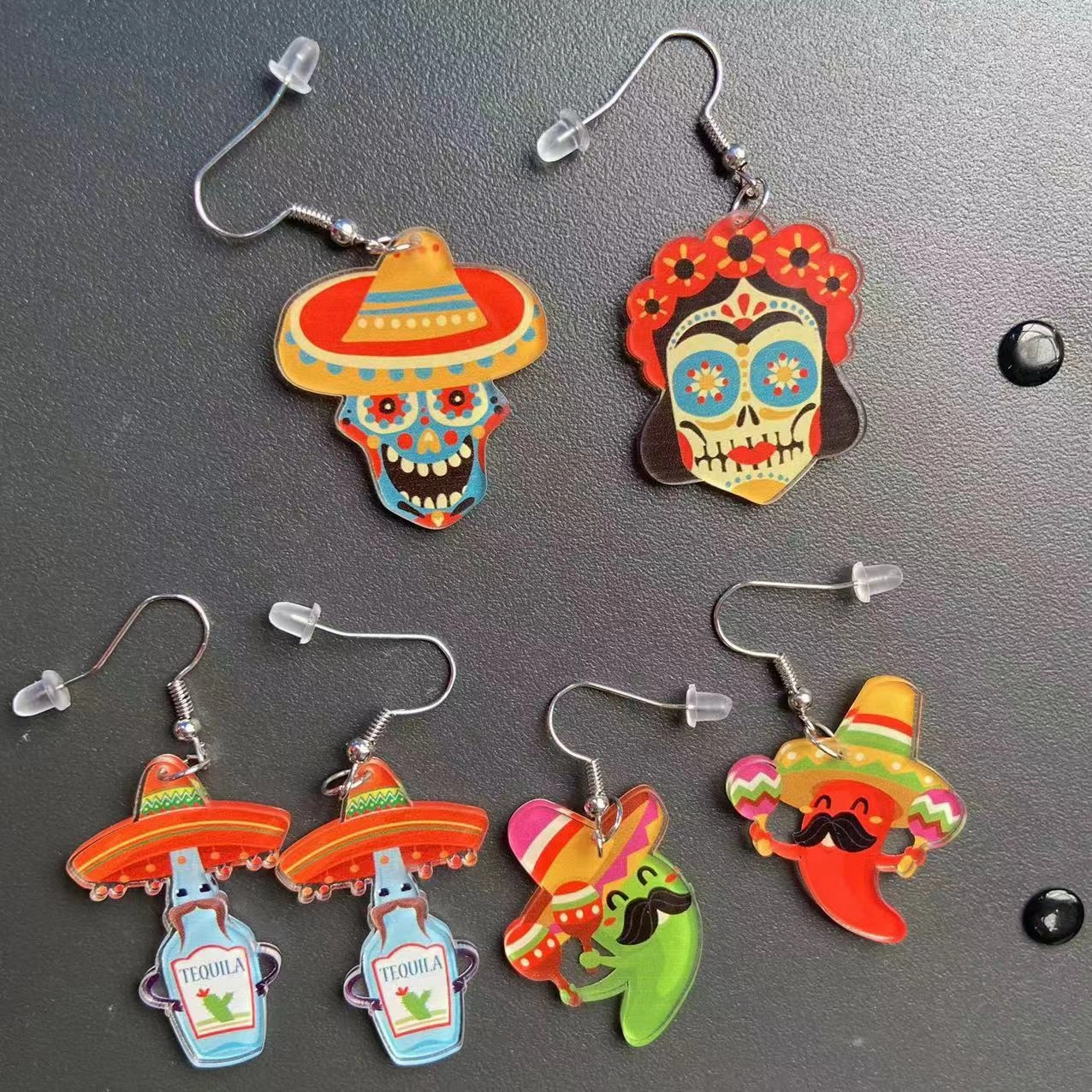 Wholesale Mexican Kalihuala skull pepper paddle rainbow acrylic earrings