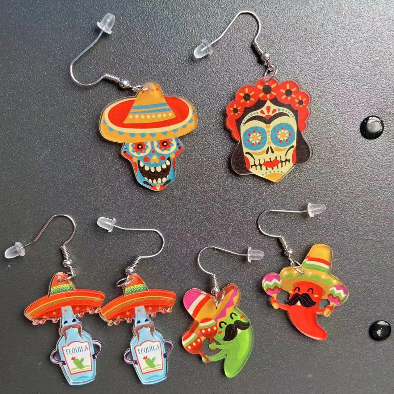 Wholesale Mexican Kalihuala skull pepper paddle rainbow acrylic earrings