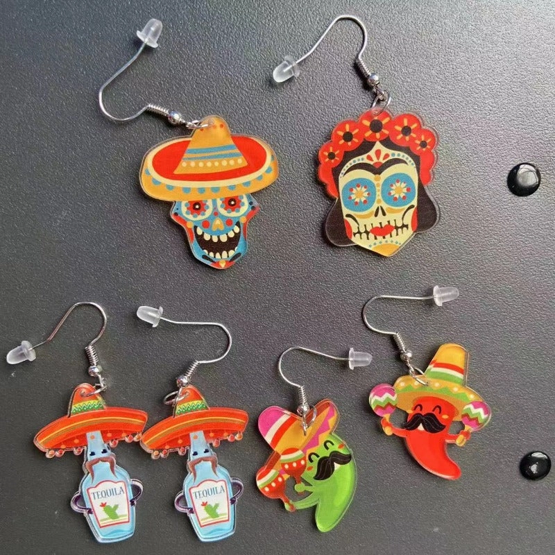 Wholesale Mexican May 5th Carnival Chili Rainbow Horse Wine Hat Skull Avocado Acrylic Earrings