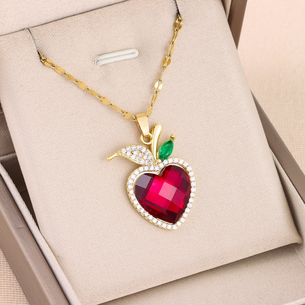 Wholesale Micro Paved Crystal Apple Titanium Steel Necklaces
