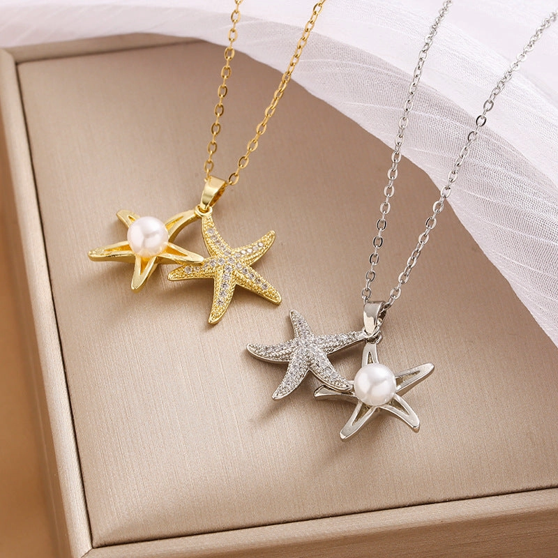 Wholesale Micro Studded Zircon Star Pearl Titanium Steel Necklace Clavicle Chain