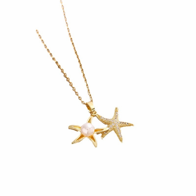 Wholesale Micro Studded Zircon Star Pearl Titanium Steel Necklace Clavicle Chain