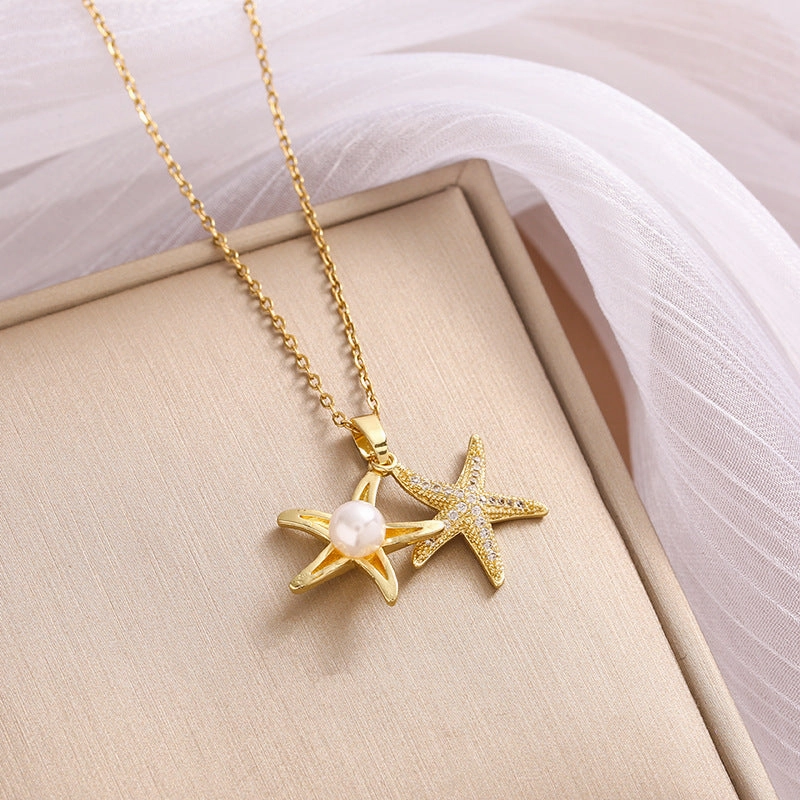 Wholesale Micro Studded Zircon Star Pearl Titanium Steel Necklace Clavicle Chain