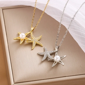 Wholesale Micro Studded Zircon Star Pearl Titanium Steel Necklace Clavicle Chain