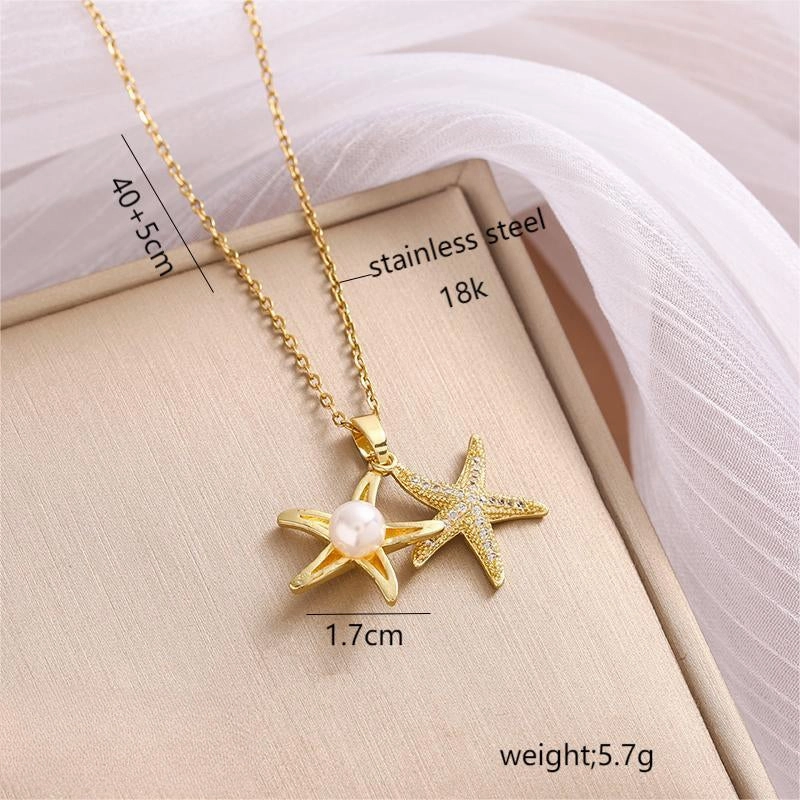 Wholesale Micro Studded Zircon Star Pearl Titanium Steel Necklace Clavicle Chain