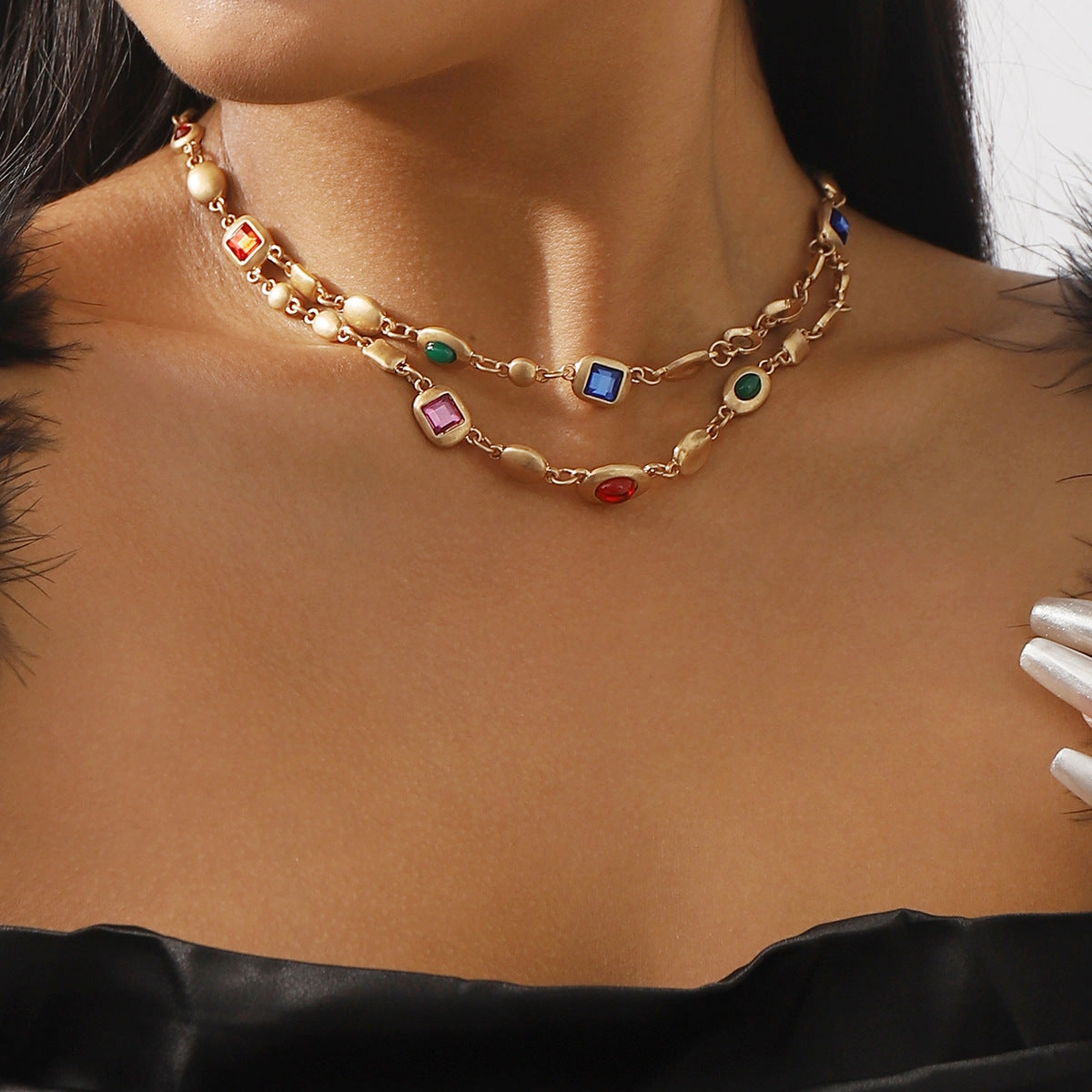 Wholesale Middle Ages Ethnic Style Diamond Double Layer Distressed Necklace