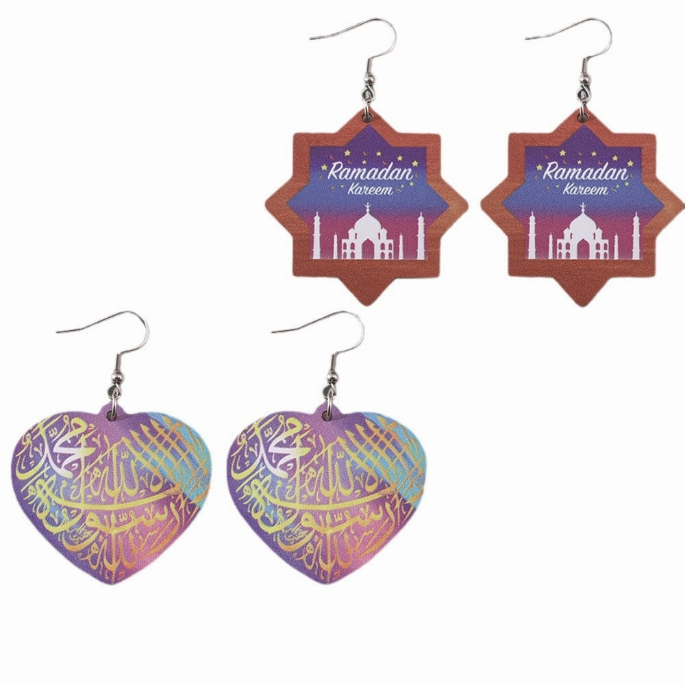 Wholesale Middle Eastern Ramadan Wooden Double Sided Earrings Irregular Heart Shape Earrings