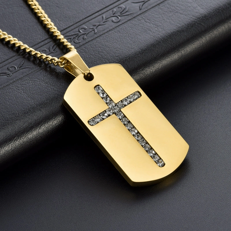 Wholesale Military Brand Crystal Cross Titanium Steel Sweater Chain Pendant Necklaces