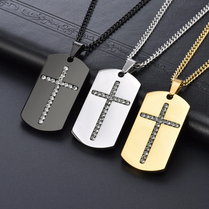 Wholesale Military Brand Crystal Cross Titanium Steel Sweater Chain Pendant Necklaces