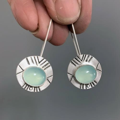 Wholesale Mint Green Opal Threaded Dangle Metal Earrings