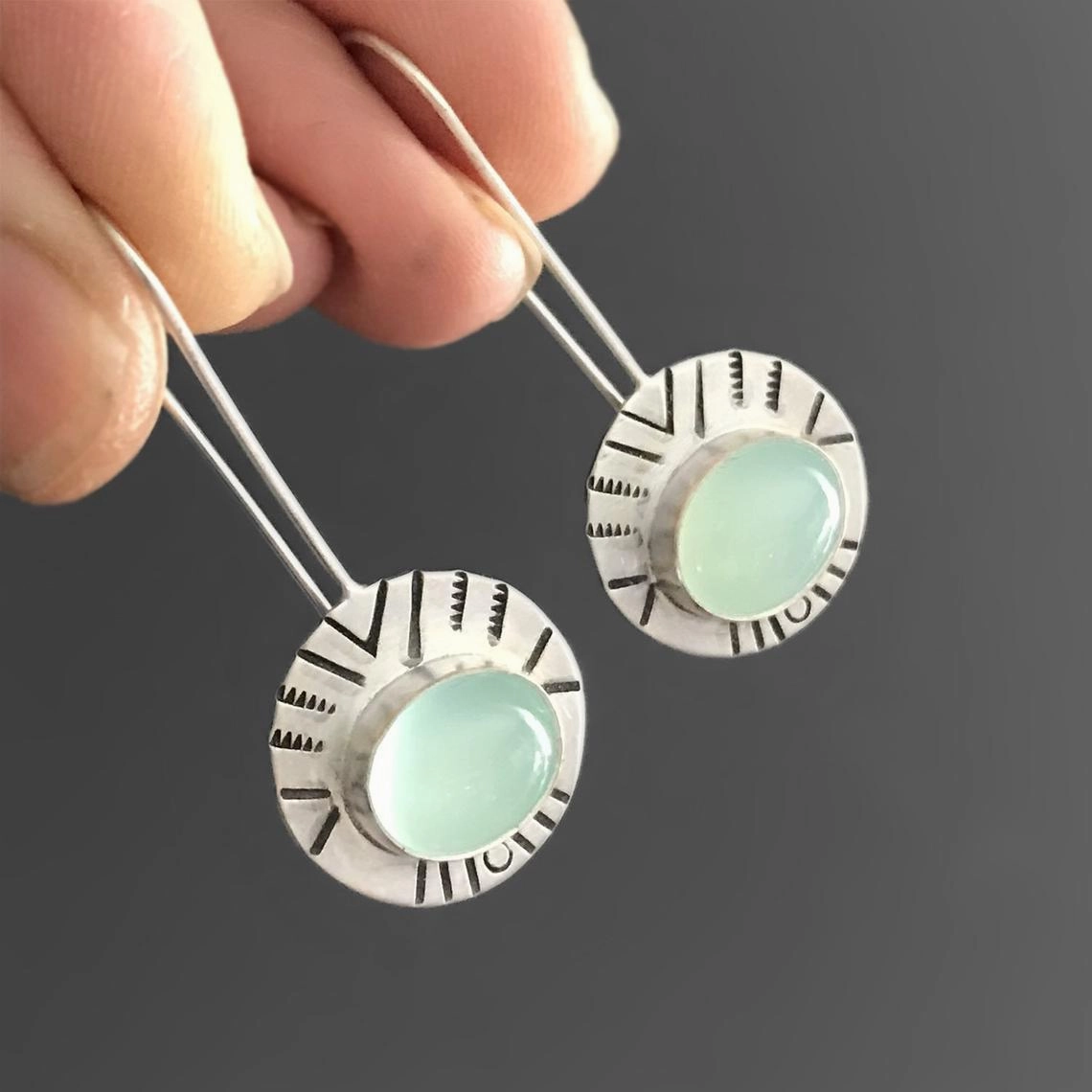 Wholesale Mint Green Opal Threaded Dangle Metal Earrings