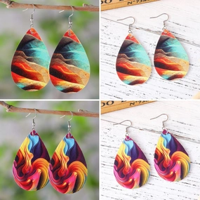 Wholesale mixed color oil painting pattern water drop double sided PU leather women earrings