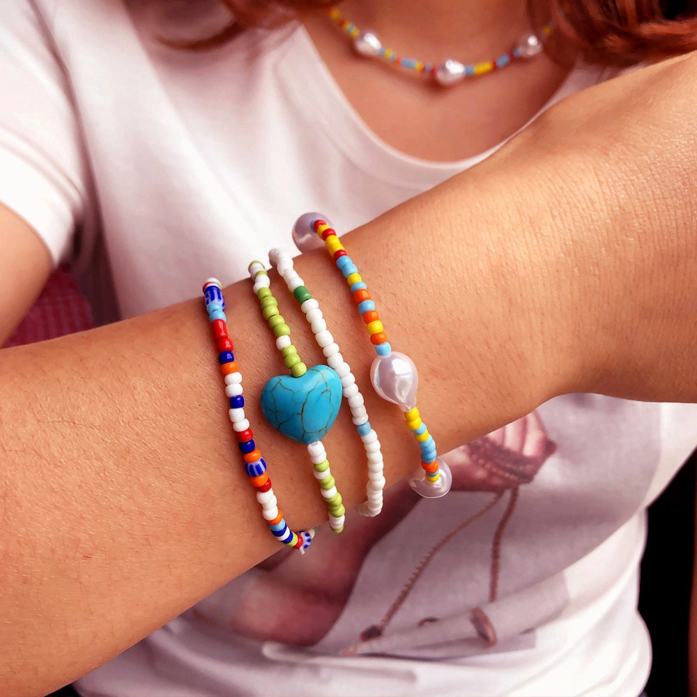 Wholesale Mixed Color Stretch Pearl Love Heart Millet Beads Bracelet