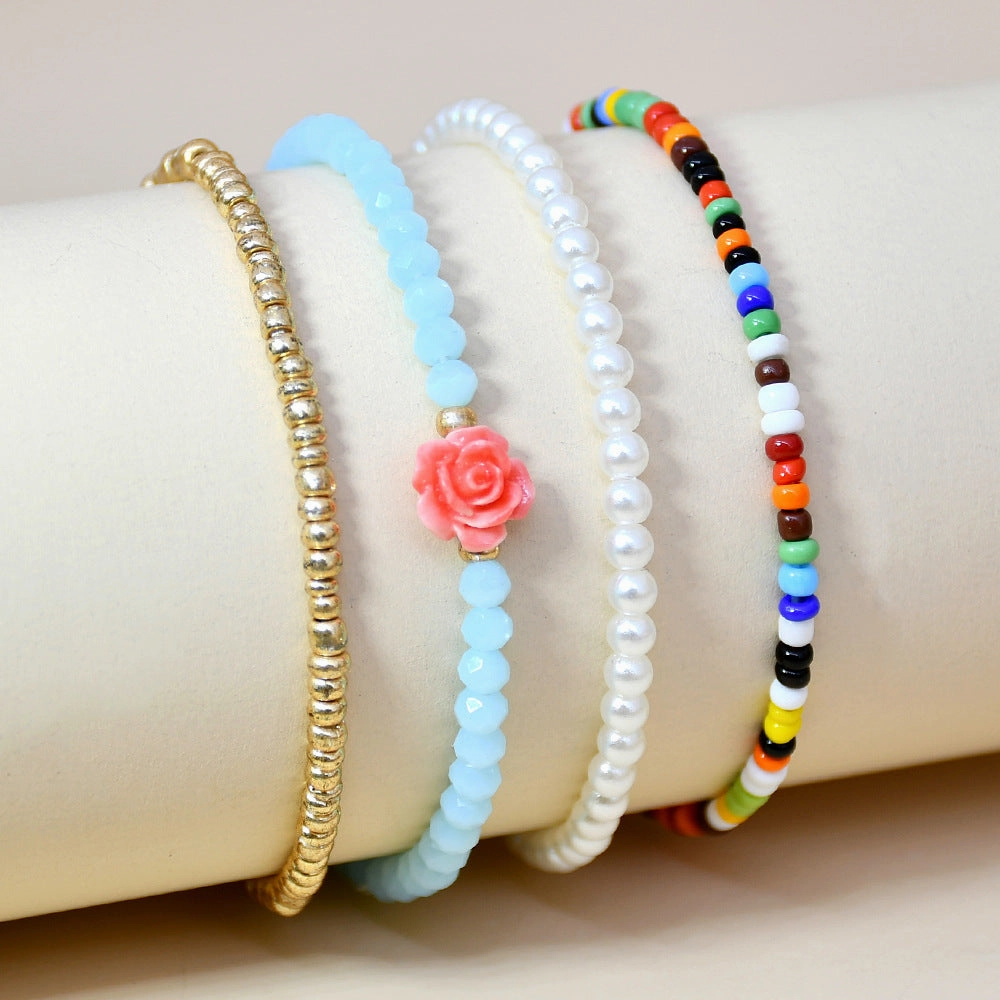 Wholesale Mixed Color Stretch Pearl Love Heart Millet Beads Bracelet