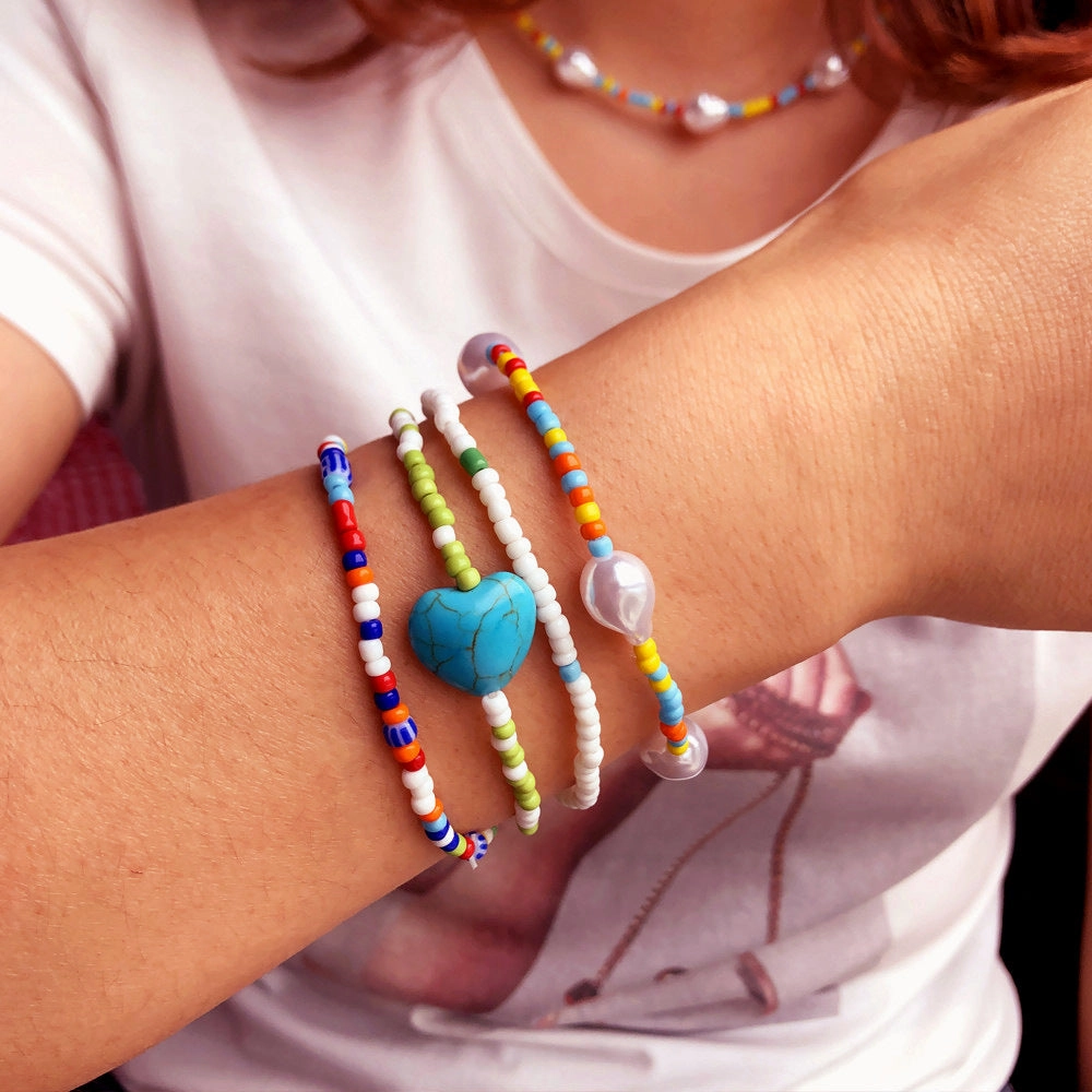 Wholesale Mixed Color Stretch Pearl Love Heart Millet Beads Bracelet