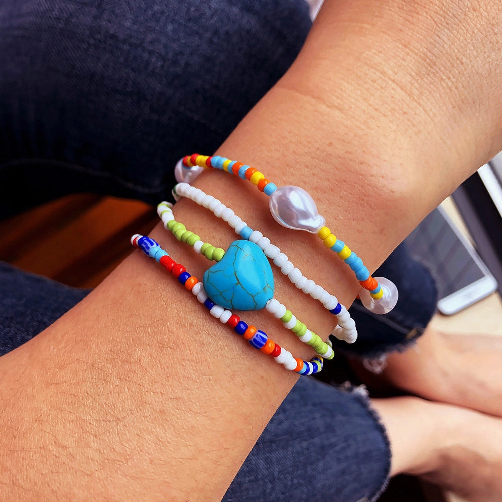 Wholesale Mixed Color Stretch Pearl Love Heart Millet Beads Bracelet