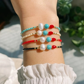 Wholesale Miyuki Millet Beads Handwoven Red String Freshwater Pearl Turquoise Bracelet
