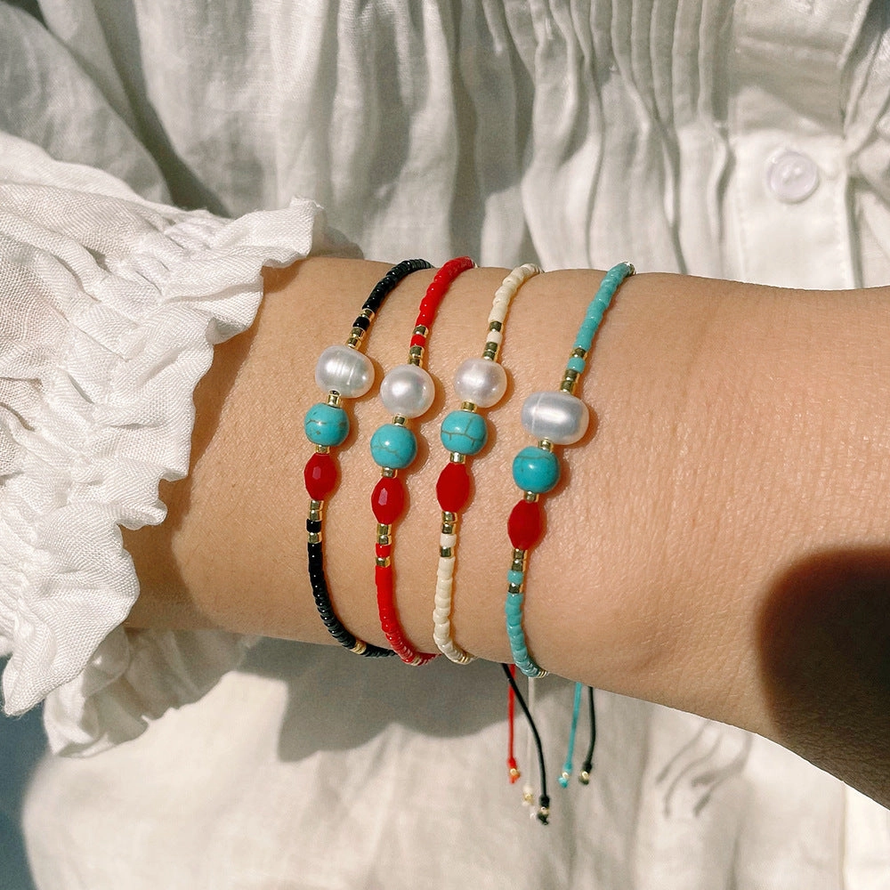 Wholesale Miyuki Millet Beads Handwoven Red String Freshwater Pearl Turquoise Bracelet