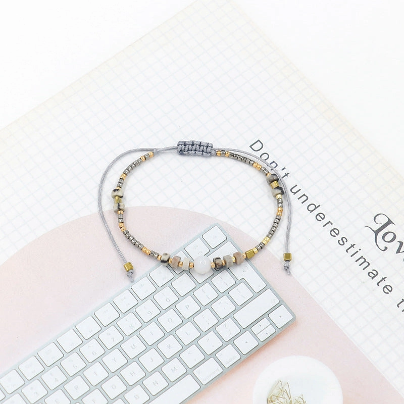 Wholesale Miyuki Rice Beads Handwoven Bohemian Style Gemstone Wax Thread Bracelet