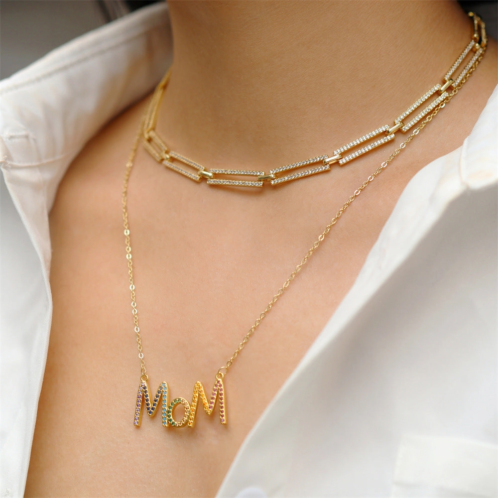 Wholesale MOM Copper Inlaid Diamond Folded Mother's Day Necklace