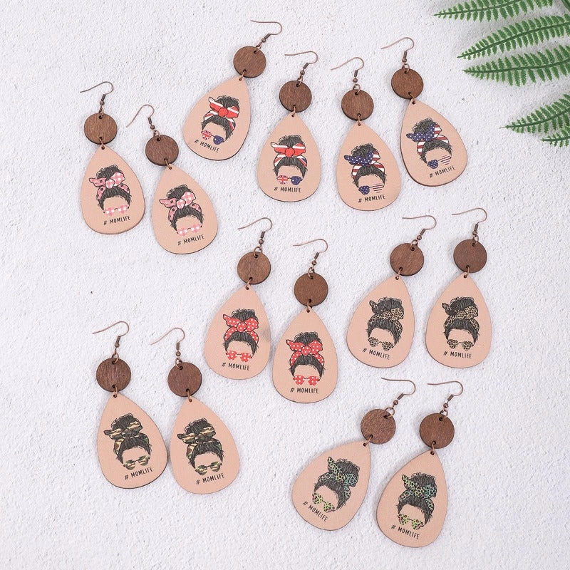 Wholesale MOM LIFE Mother's Day Leopard Plaid Wooden Earrings