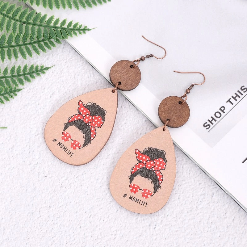 Wholesale MOM LIFE Mother's Day Leopard Plaid Wooden Earrings